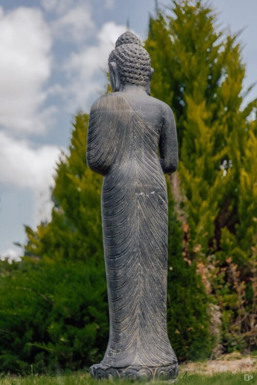 statue bouddha debout extérieur jardin en position chakra pierre noir 158cm grossiste statue de jardin