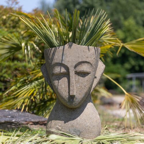 statue de jardin visage moai primitif pot de fleur en pierre naturelle