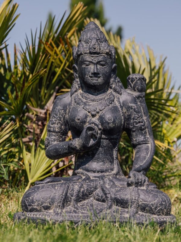 statue déesse dewi assise sri extérieur jardin noir antique 50cm grossiste statue de jardin