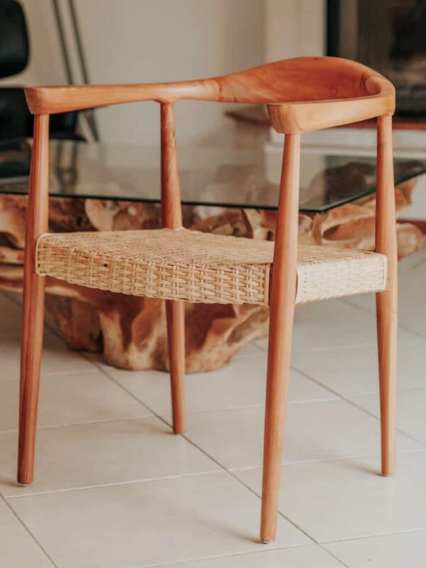 chaise table à manger design en bois massif de teck et rotin naturel