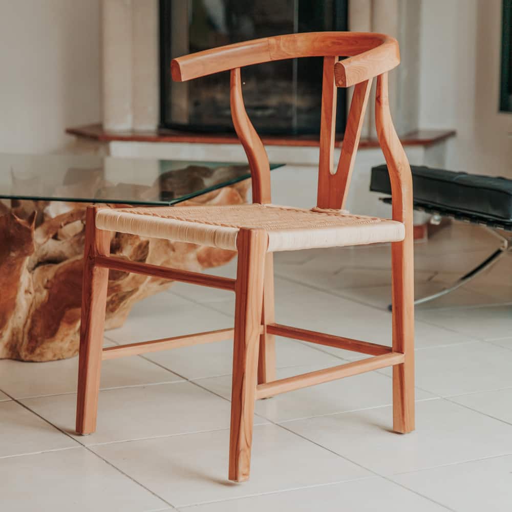 chaise de table à manger design scandinave bone en bois massif de teck et rotin naturel
