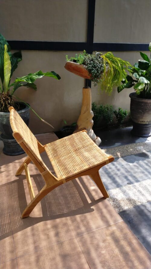 Lazy Chair Fauteuil Chaise Design en Bois Massif de Teck et Rotin Naturel