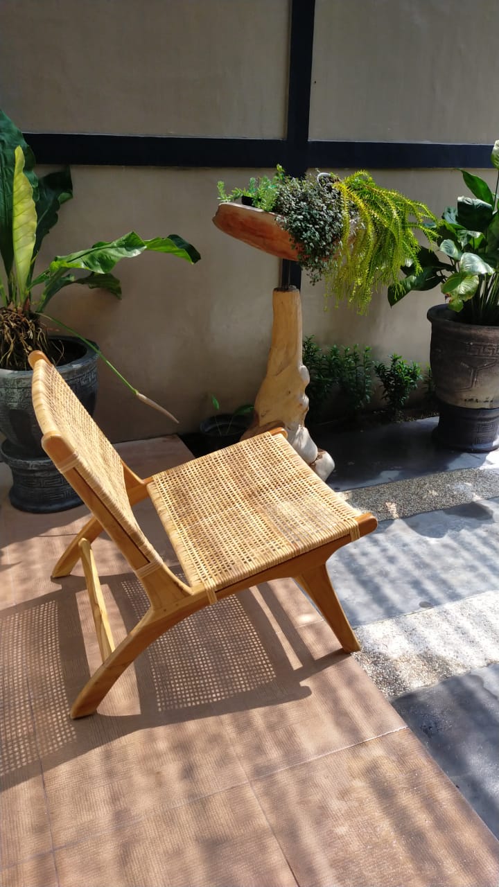 Lazy Chair Fauteuil Chaise Design en Bois Massif de Teck et Rotin Naturel