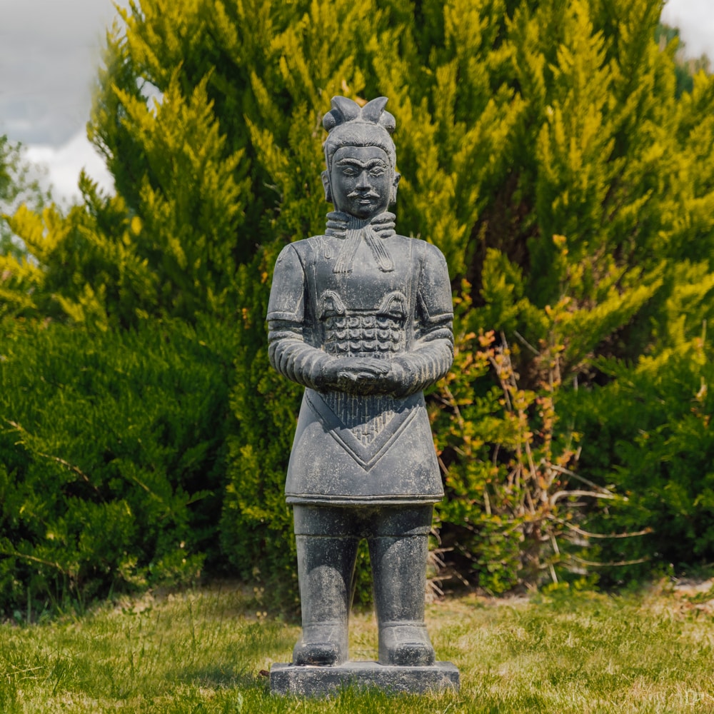 Statue Guerrier Chinois Xian Debout Jardin Extérieur Noir 150cm