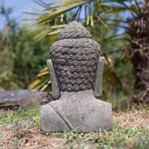 statue de jardin buste bouddha souriant en pierre volcanique 50cm