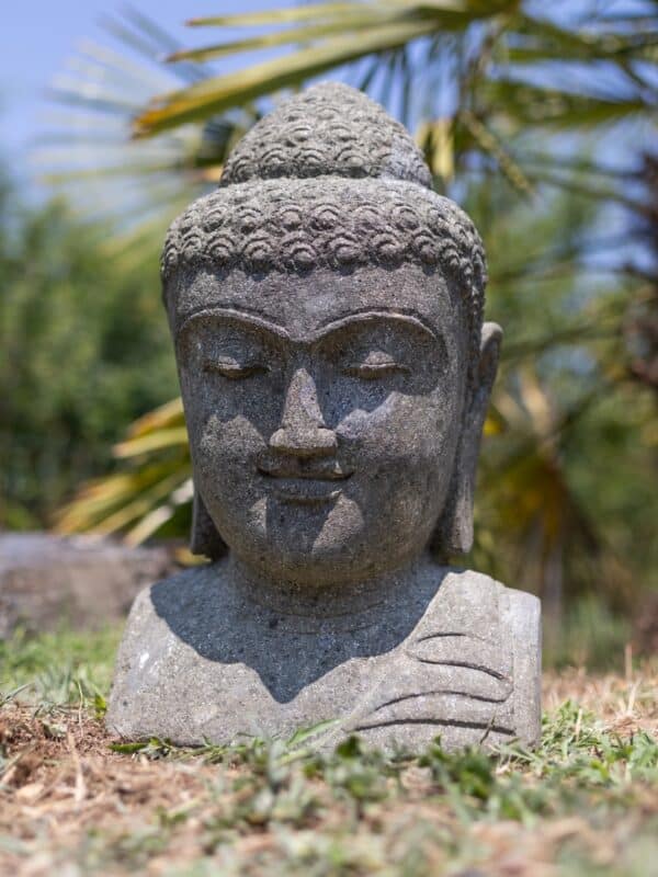 statue extérieur buste de bouddha souriant en pierre volcanique 50cm