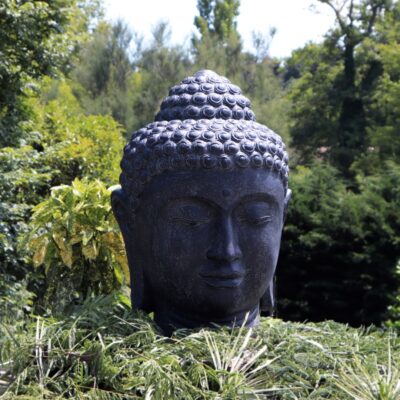 Statue Bouddha Jardin 40 Cm En Pierre - Peinte Main Gris/or - Résiste Au Gel -30°C - Décoration Intérieur/extérieur