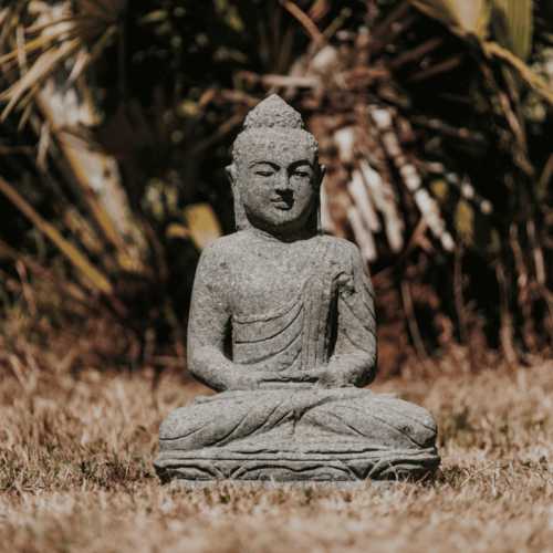 statue de jardin bouddha assis méditation extérieur en pierre volcanique 45cm décoration