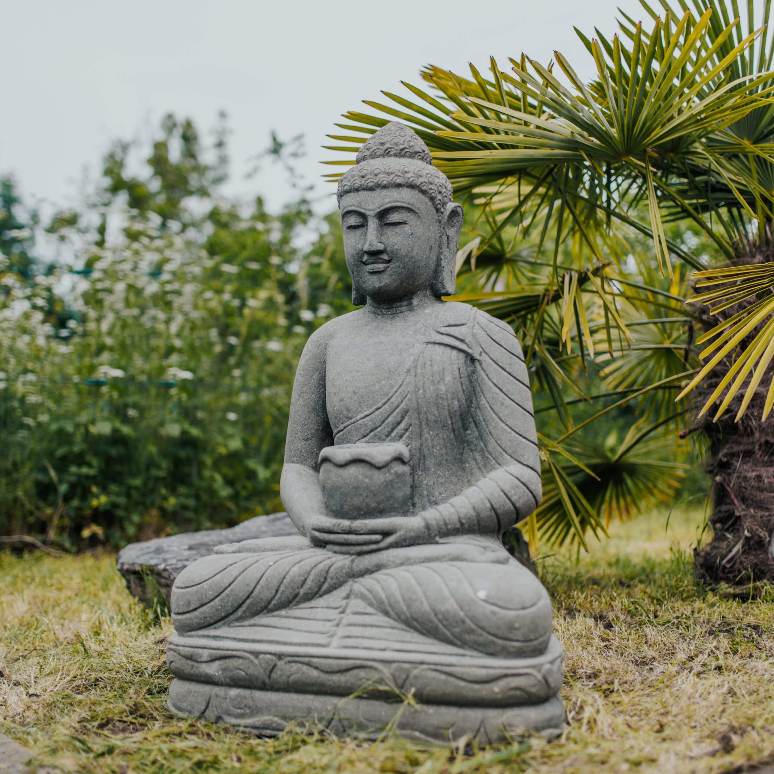 Statue Bouddha Assis Bol Jardin Extérieur en Pierre Volcanique 100cm