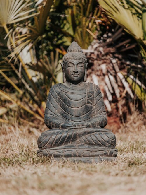 statue bouddha assis méditation jardin extérieur en pierre naturelle noir antique 45cm grossiste statue de jardin