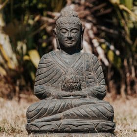 statue bouddha assis fleur de lotus méditation jardin extérieur en pierre naturelle noir antique 50cm grossiste statue de jardin