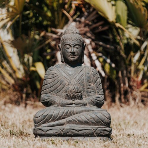 statue bouddha assis méditation jardin extérieur en pierre noir 50cm grossiste statue de jardin