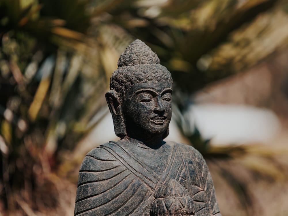 statue bouddha bouddhiste assis fleur de lotus méditation extérieur pierre naturelle noir antique 50cm grossiste statue de jardin