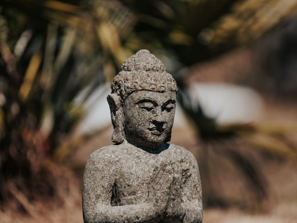 Outdoor Seated Buddha Namaste Garden Statue in Volcanic Stone 45cm Decoration