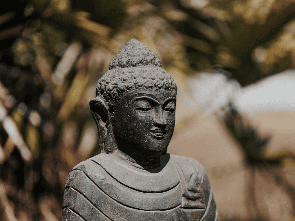 statue de jardin bouddha assis méditation extérieur en pierre naturelle noir antique 50cm décoration