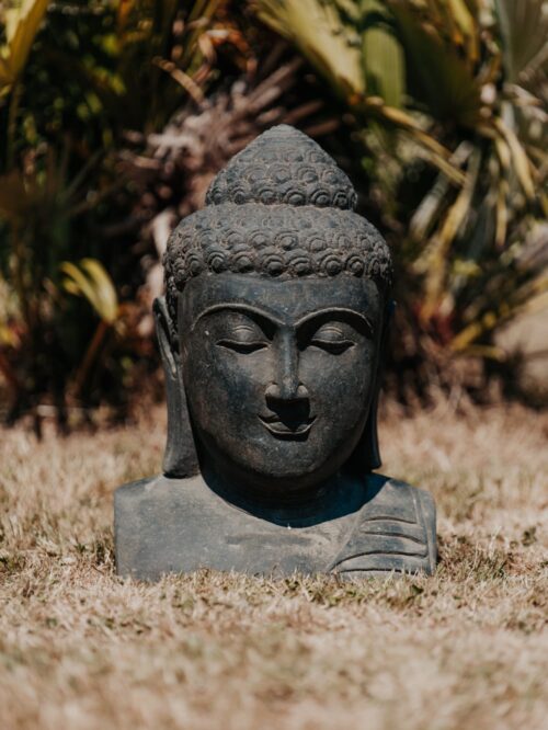 statue de jardin buste de bouddha extérieur en pierre naturelle noir antique 50cm décoration
