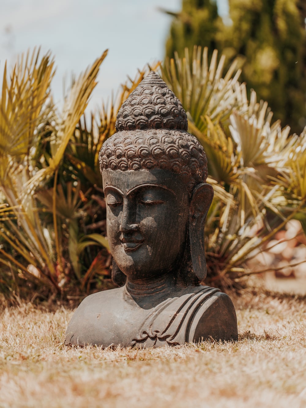 statue de jardin buste de bouddha extérieur en pierre noir 80cm grossiste statue de jardin décoration