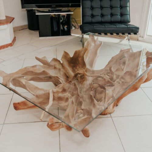 table basse salon bois massif racine de teck premium et verre rectangulaire longueur 120cm grossiste