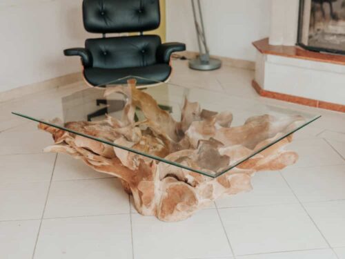 table basse bois moderne massif racine de teck premium et verre rectangulaire longueur 120cm grossiste