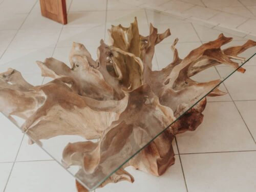 table basse bois design massif racine de teck premium et verre rectangulaire longueur 120cm grossiste