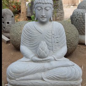 Statue bouddha assis fleur de lotus extérieur 82 cm en pierre volcanique