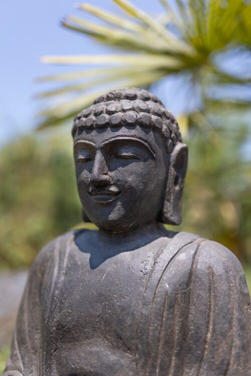 statue bouddha japonais assis en pierre noir 50cm