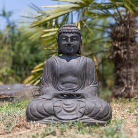 Statue bouddha japonais assis jardin extérieur en pierre naturelle noir antique 50cm