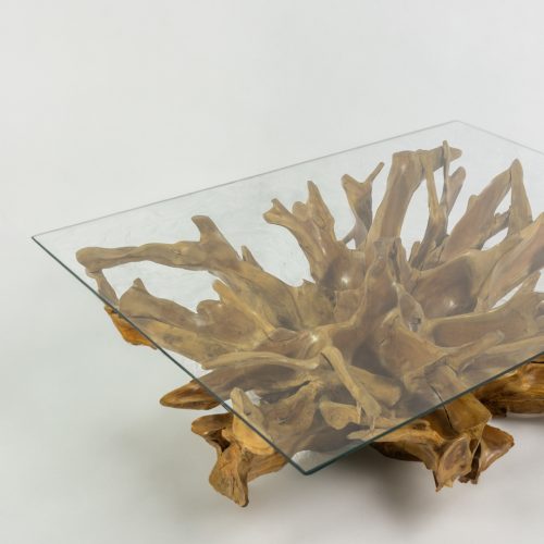 table basse bois massif racine de teck et verre rectangle 120 x 80cm aji