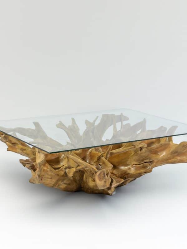 table basse bois massif racine de teck et verre rectangulaire 120 x 80cm aji