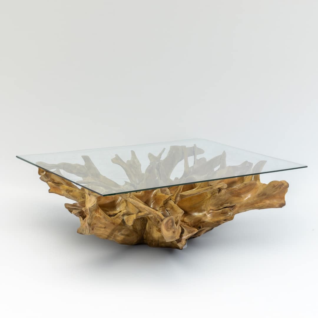 table basse bois massif racine de teck et verre rectangulaire 120 x 80cm aji