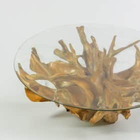 table basse racine de teck foncé et verre ronde diamètre 100cm aji
