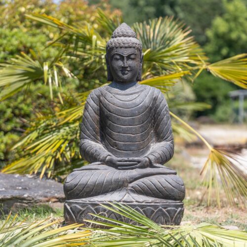 statue bouddha pierre naturelle noir position meditation et souriant 100cm