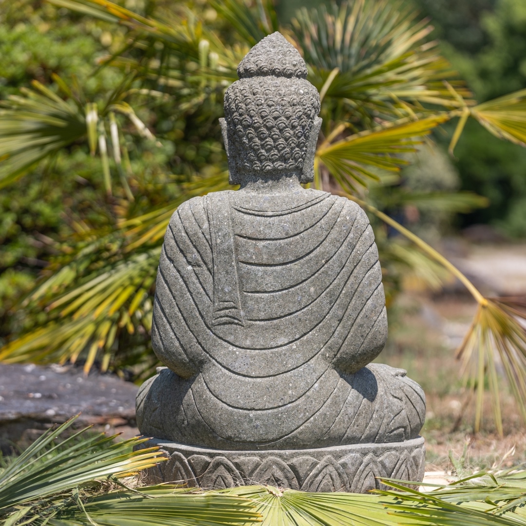 statue bouddha pierre naturelle position meditation et souriant 100cm