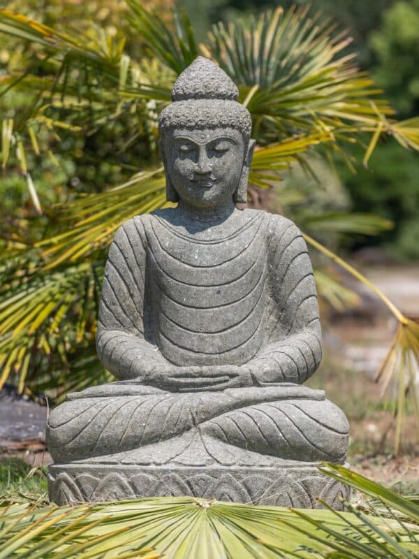 statue de jardin bouddha pierre naturelle position meditation et souriant 100cm