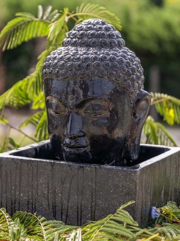 Fontaine de jardin tête de bouddha avec bassin carré noir antique 50cm
