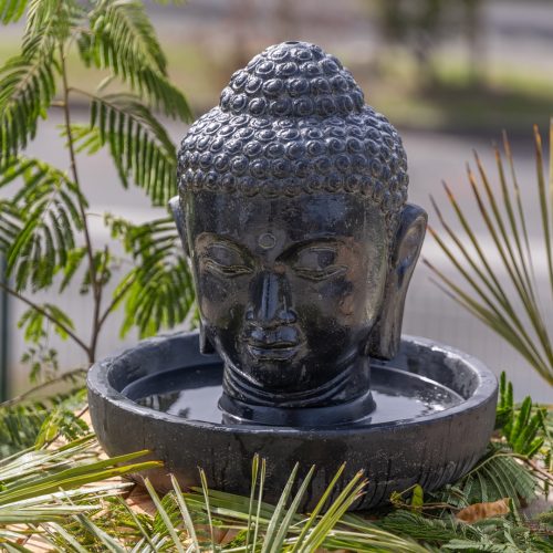 fontaine de jardin tête de bouddha avec bassin rond noir antique 50cm