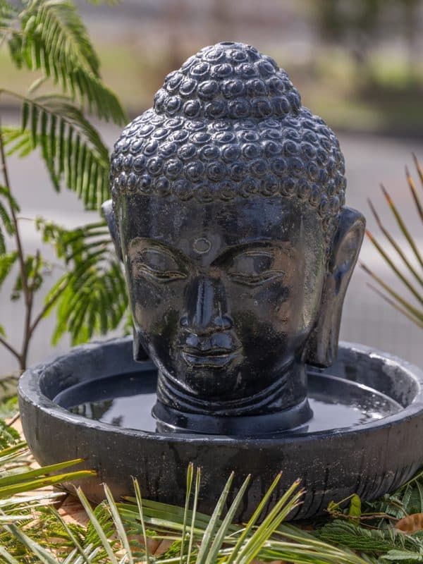 fontaine de jardin tête de bouddha avec bassin rond noir antique 50cm