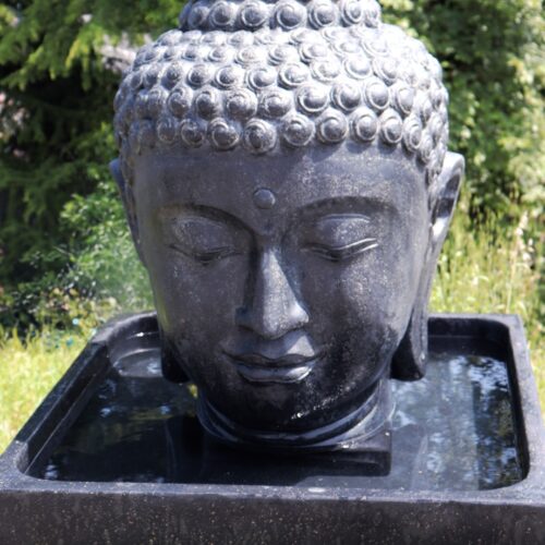 fontaine tete de bouddha geante exterieur avec bassin carré couleur noir pour le jardin 100cm