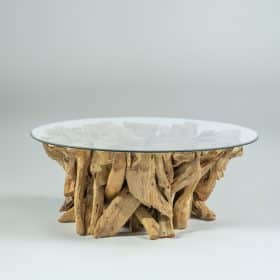 table basse ronde en bois massif de teck et verre ⌀100cm marius
