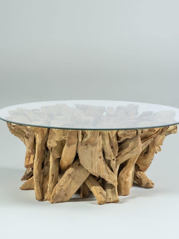 table basse ronde en bois massif de teck et verre ⌀100cm marius