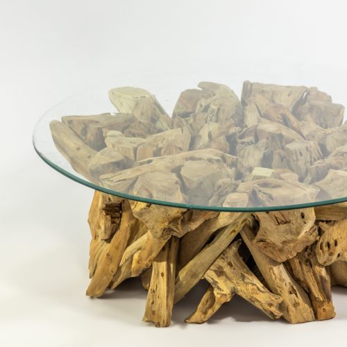 table basse ronde en bois massif de teck vitrée ⌀100cm marius