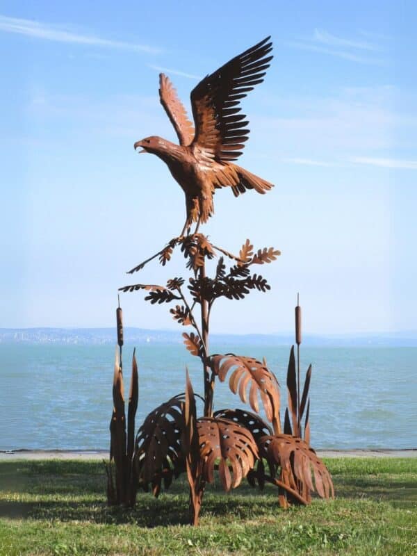 grande statue de jardin aigle sauvage sur une plante en métal rouillé 238cm 4