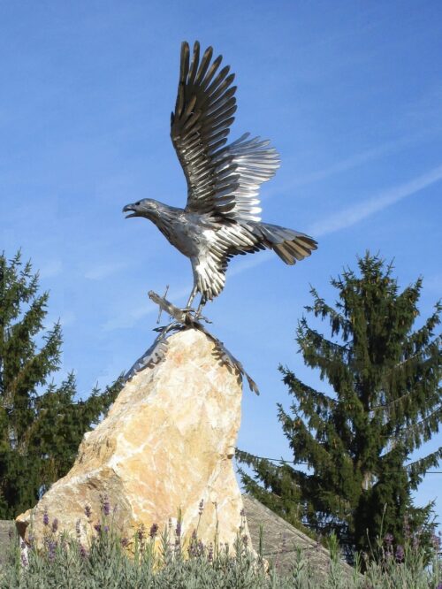 grande statue de jardin en métal acier inoxydable aigle royal sur pierre fer 107cm