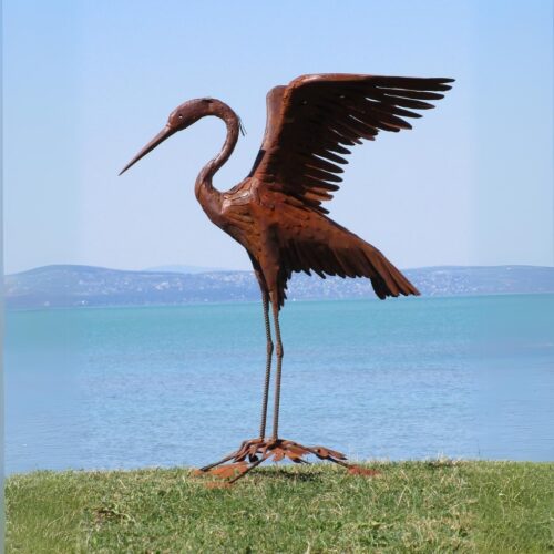 grande sculpture héron cigogne en métal rouillé 110cm