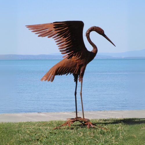 grande statue héron cigogne en métal rouillé 110cm