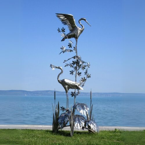 paire de statue hérons cigognes grande ailes en acier inoxydable sur plantes 300cm oiseau