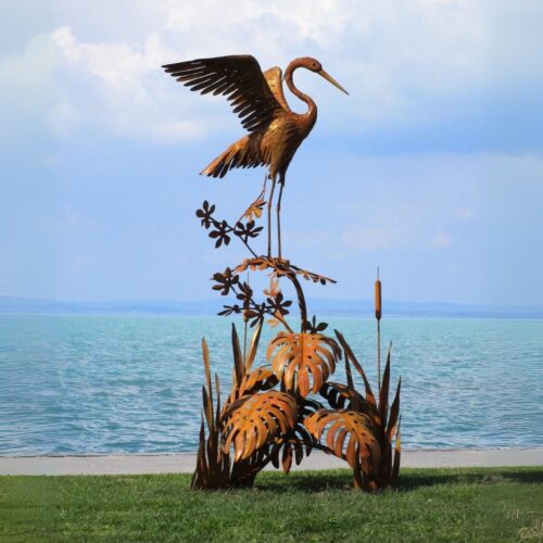 statue héron cigogne grande ailes en métal rouillé plantes végétaux 218cm oiseau 4