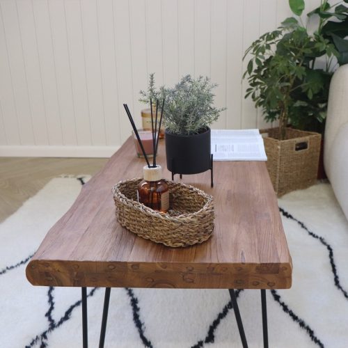 table basse en bois de teck massif recyclé et jambe épingle 100cm x 50cm