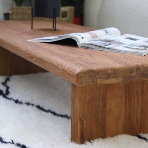 table basse en bois de teck massif recyclé 120cm rectangle japendi hauteur 25cm