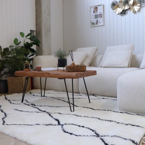 table basse en bois de teck massif recyclé et jambe épingle acier 100cm